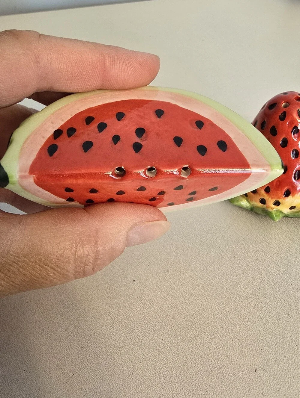 Ceramic Watermelon Strawberry Salt and Pepper Shaker Set Stiil Have Plugs